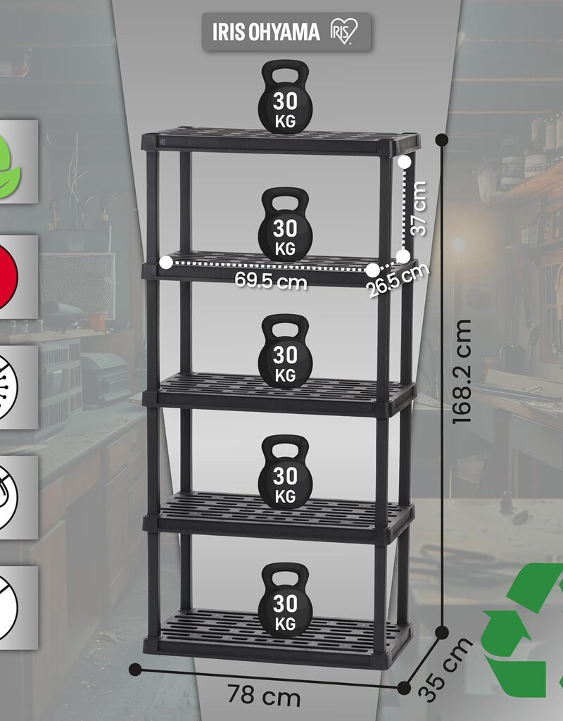 IRIS plastic opbergplank, stevig, zwart, 30 kg lading per niveau, makkelijk in elkaar te zetten, garageplank, PRS-L5