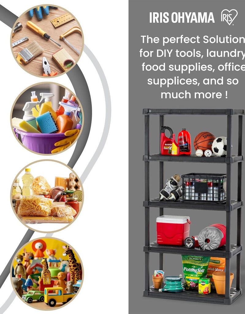 IRIS plastic opbergplank, stevig, zwart, 30 kg lading per niveau, makkelijk in elkaar te zetten, garageplank, PRS-L5