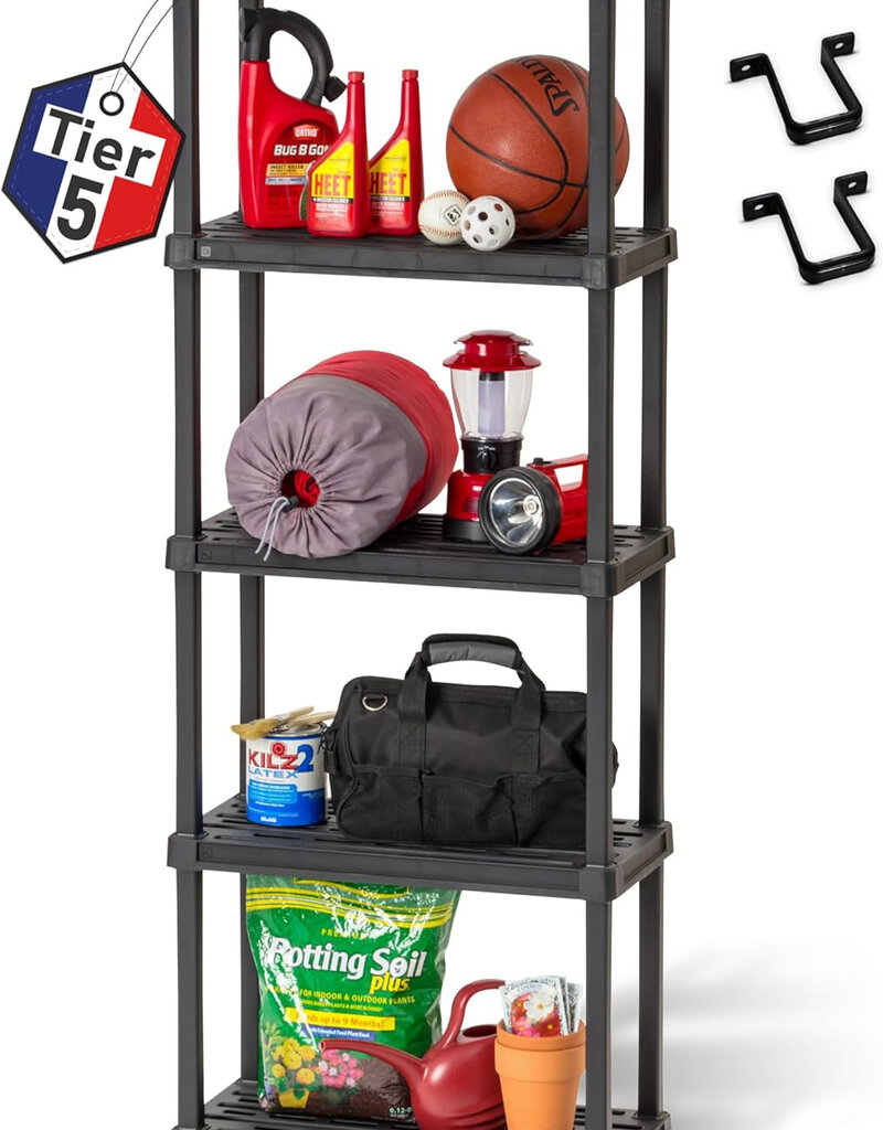 IRIS plastic opslagplank, stevig, zwart, 25 kg lading per niveau, makkelijk in elkaar te zetten, garageplank, PRS-M5