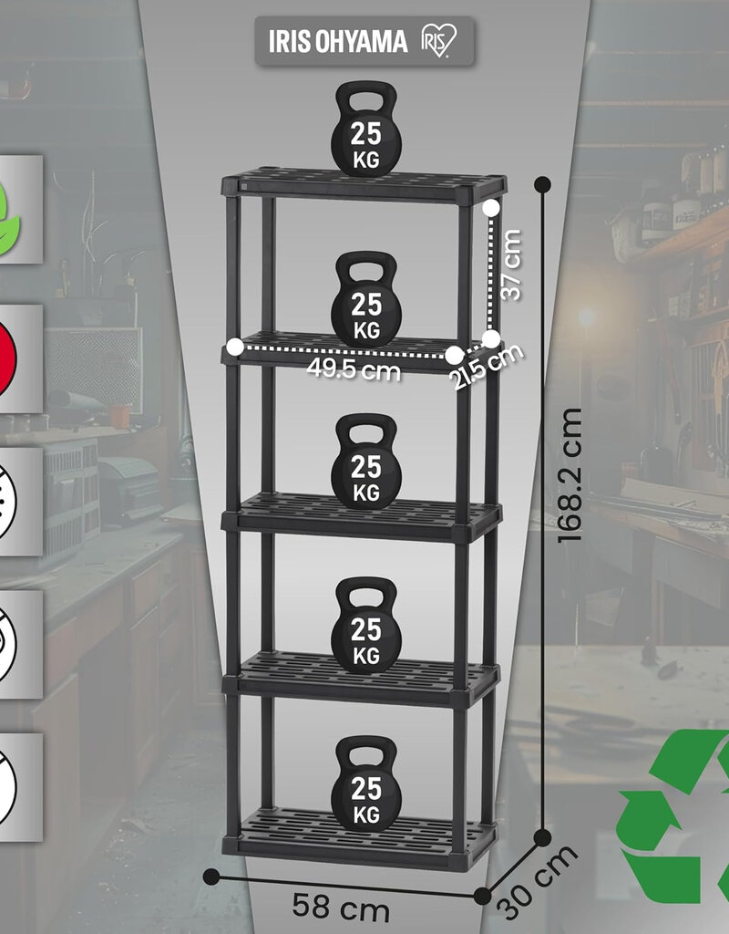 IRIS plastic opslagplank, stevig, zwart, 25 kg lading per niveau, makkelijk in elkaar te zetten, garageplank, PRS-M5