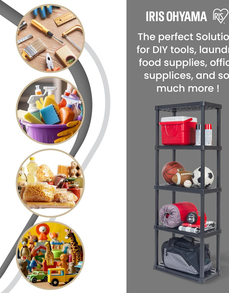 IRIS plastic opslagplank, stevig, zwart, 25 kg lading per niveau, makkelijk in elkaar te zetten, garageplank, PRS-M5