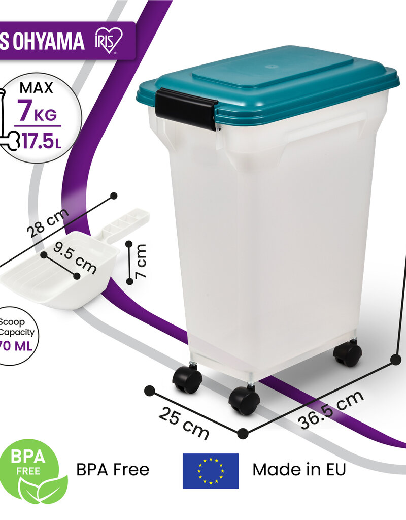 IRIS 20L brokjes voor 7,5 kg, luchtdicht, schop, wielen inbegrepen, voor honden en katten, ATS-M, Duck Blue