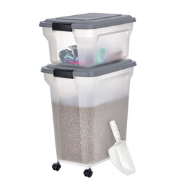 IRIS 2 blikken brokjes 20 en 45L voor 7,5 en 15 kg, luchtdicht, met schop en wielen, voor honden en katten, ATS-C, Grey