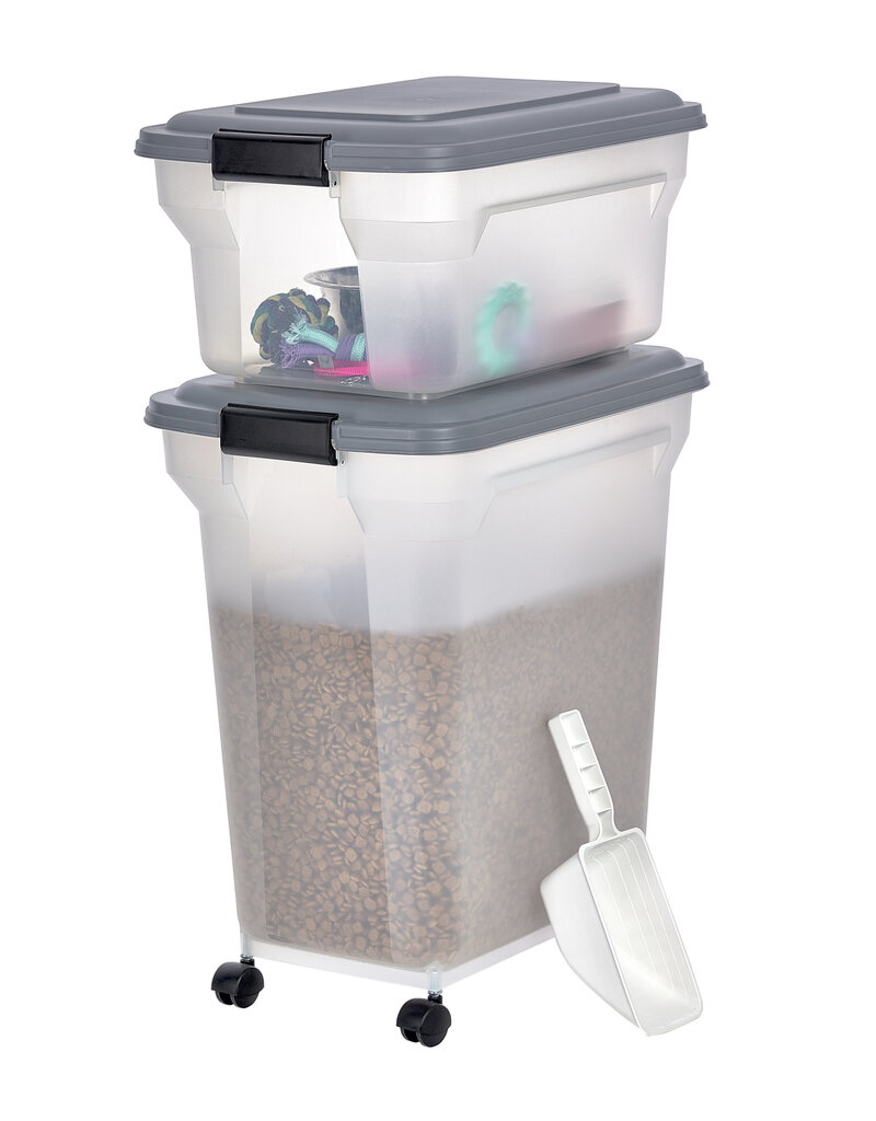 IRIS 2 blikken brokjes 20 en 45L voor 7,5 en 15 kg, luchtdicht, met schop en wielen, voor honden en katten, ATS-C, Grey