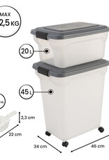 IRIS 2 blikken brokjes 20 en 45L voor 7,5 en 15 kg, luchtdicht, met schop en wielen, voor honden en katten, ATS-C, Grey
