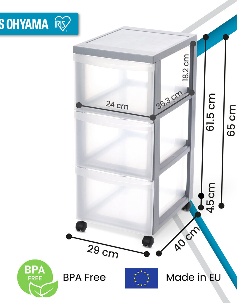 IRIS A4 plastic opslagtoren op Wielen, 3 grote lades, grijs, DC-303