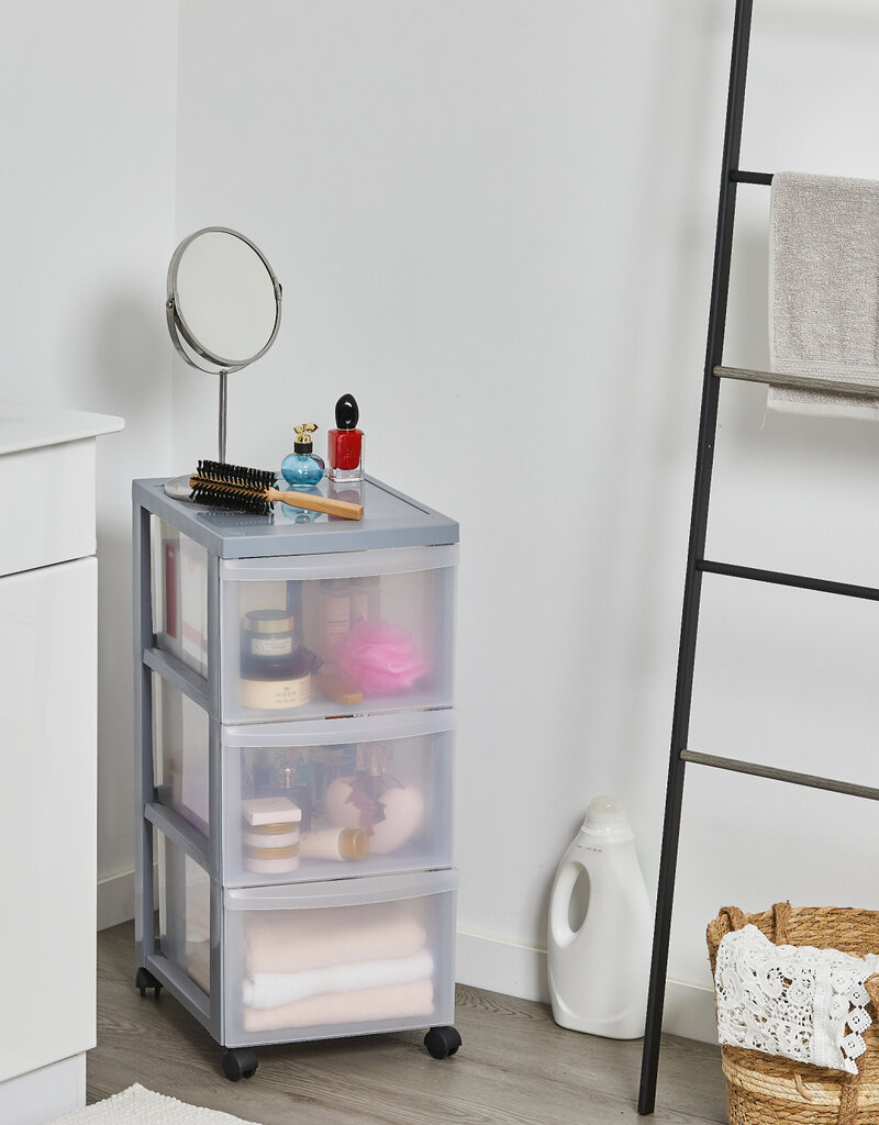 IRIS A4 plastic opslagtoren op Wielen, 3 grote lades, grijs, DC-303