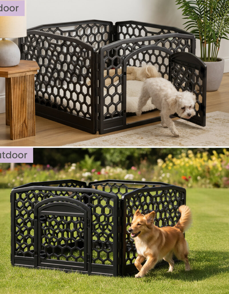 IRIS binnen- en buitenspeelren voor honden, 4 panelen, bijtbestendig, H58cm, zwart, plastic, CI-584HC