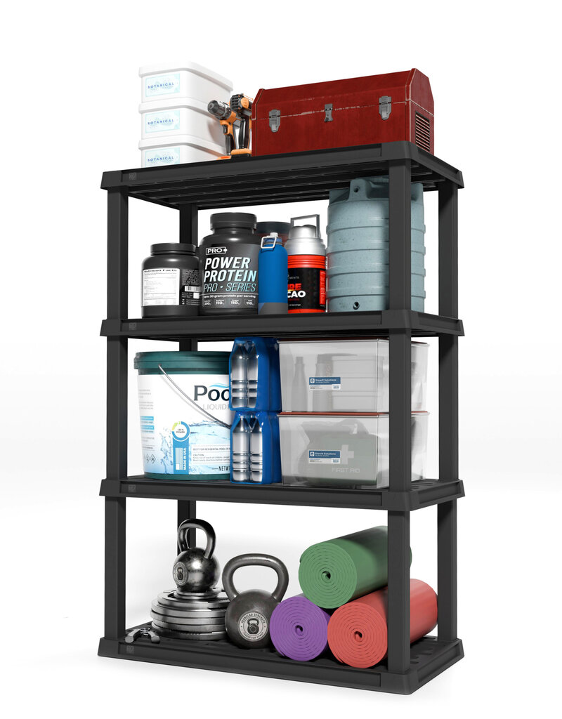 IRIS Zware plastic opslagplank, 120 kg capaciteit, 4 niveaus, garageplank, keuken, PRS-L4, zwart