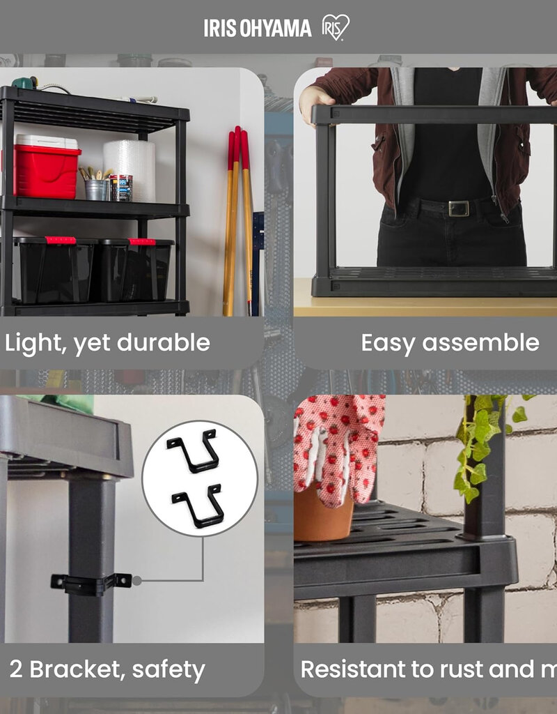 IRIS Zware plastic opslagplank, 120 kg capaciteit, 4 niveaus, garageplank, keuken, PRS-L4, zwart