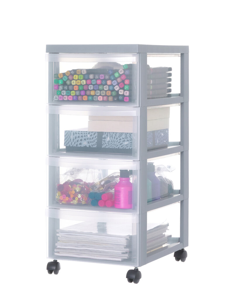 IRIS A4 Plastic opslagtoren op Wielen, 4 Middelgrote Lades, Grijs, DC-004