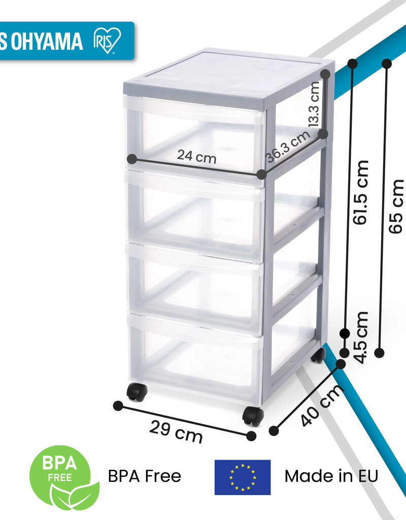 IRIS A4 Plastic opslagtoren op Wielen, 4 Middelgrote Lades, Grijs, DC-004