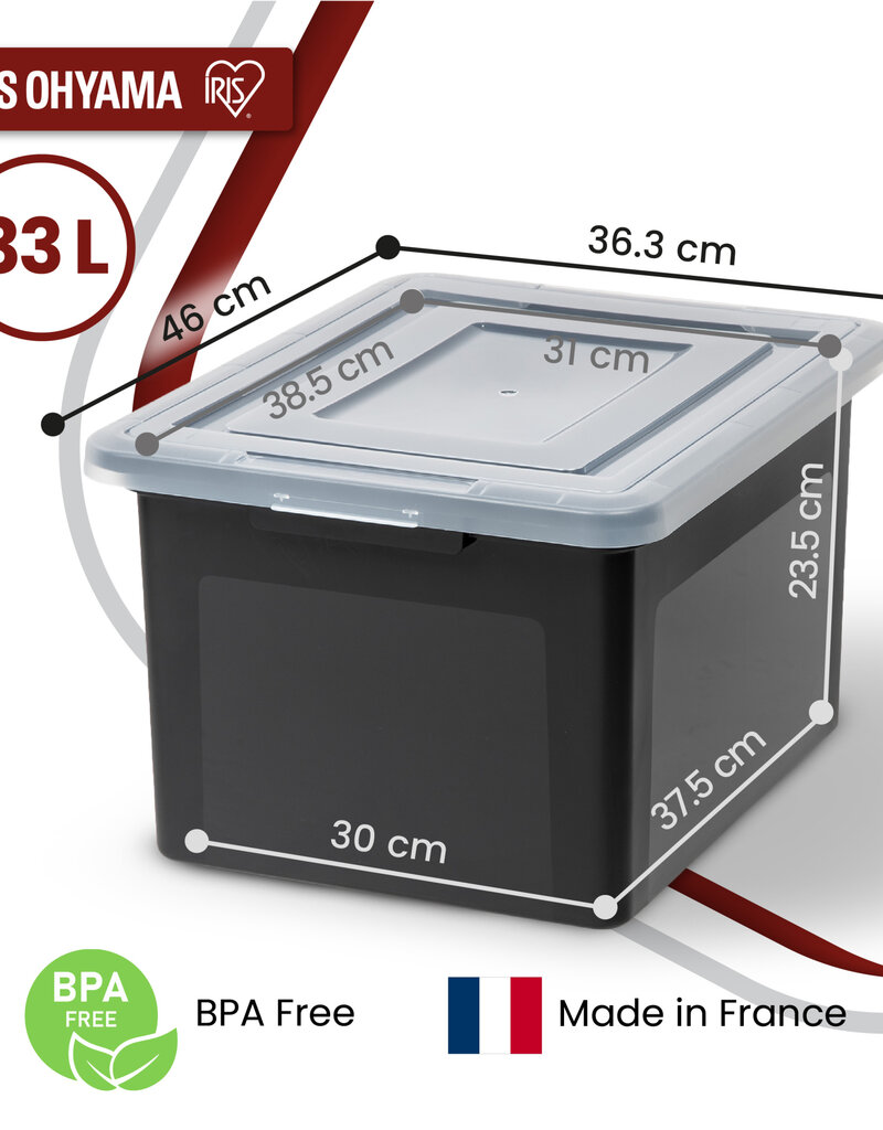 IRIS Plastic Opbergdozen met deksel, 45L, Set van 4, Zwart, Stapelbaar, FB-21E