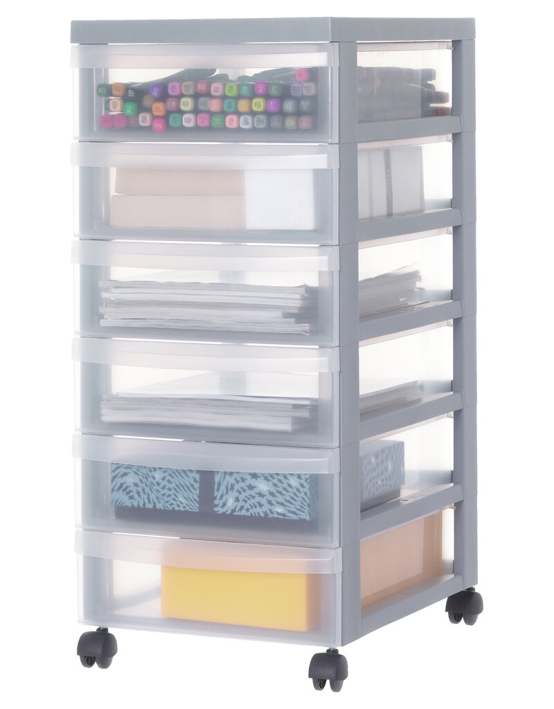 IRIS A4 plastic opslagtoren op wielen, 6 kleine lades, gerecycled grijs, DC-360