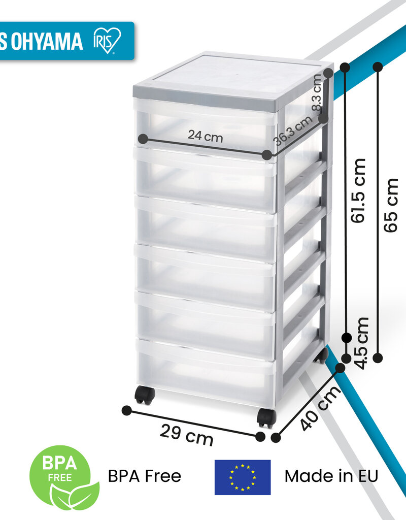 IRIS A4 plastic opslagtoren op wielen, 6 kleine lades, gerecycled grijs, DC-360
