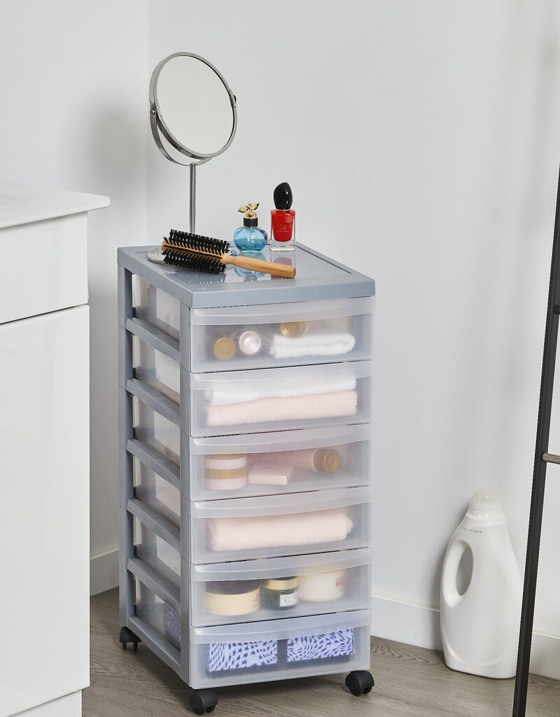 IRIS A4 plastic opslagtoren op wielen, 6 kleine lades, gerecycled grijs, DC-360