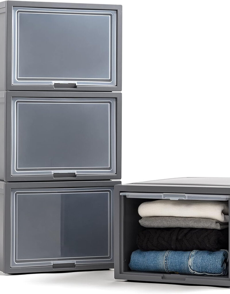 IRIS stapelbare plastic lades voor kleding, 40L, set van 4, donkergrijs, klepdeur, voor kast, slaapkamer