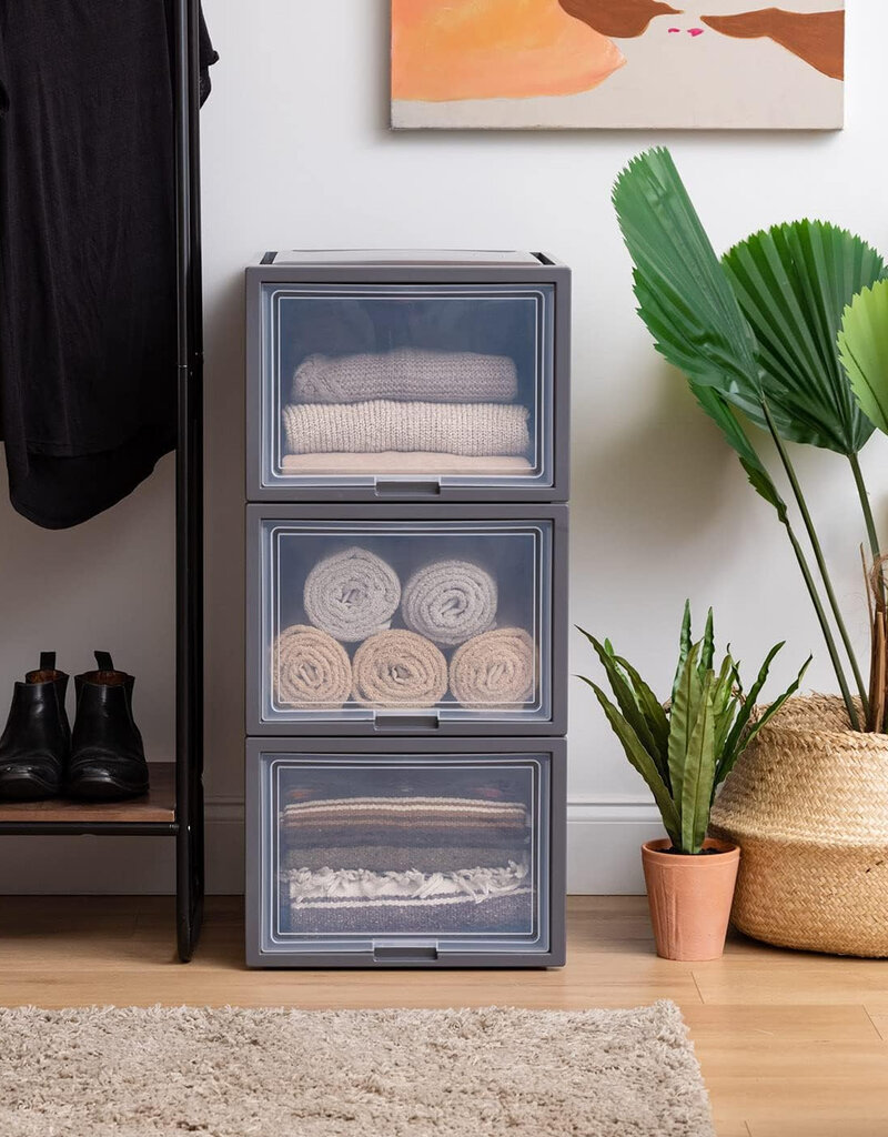 IRIS stapelbare plastic lades voor kleding, 40L, set van 4, donkergrijs, klepdeur, voor kast, slaapkamer