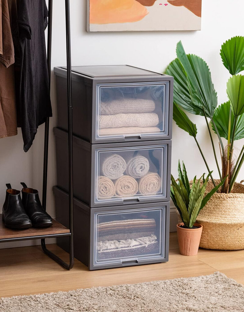 IRIS stapelbare plastic lades voor kleding, 40L, set van 4, donkergrijs, klepdeur, voor kast, slaapkamer