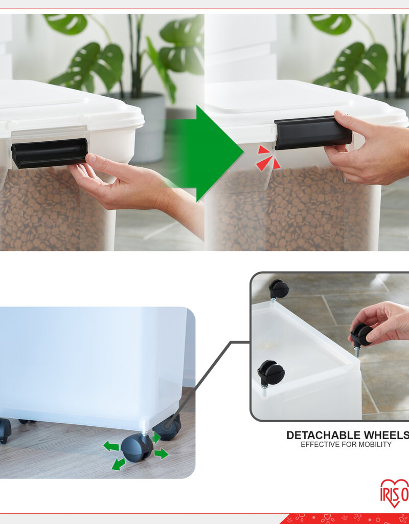 IRIS 45L brokjesbak voor 15 kg, luchtdicht, schop, wielen inbegrepen, voor honden en katten, ATS-L, wit