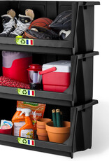 IRIS Set van 3 stapelbare plastic opbergbakken met open voorkant voor garage, tuin, SBIN-L, zwart