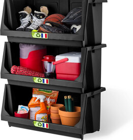 IRIS Set of 3 Stackable Plastic Storage Bins with Open Front for Garage, Garden, SBIN-L, Black