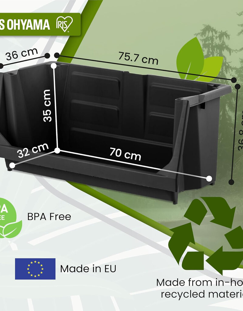 IRIS Set van 3 stapelbare plastic opbergbakken met open voorkant voor garage, tuin, SBIN-L, zwart
