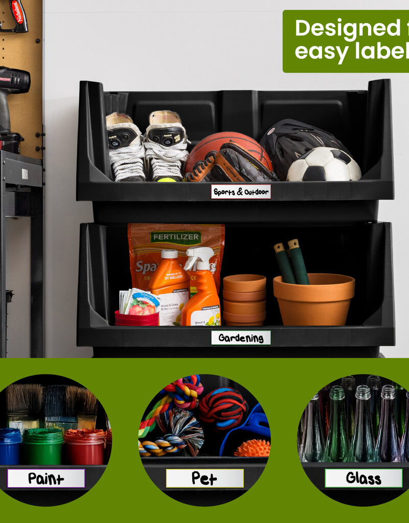 IRIS Set van 3 stapelbare plastic opbergbakken met open voorkant voor garage, tuin, SBIN-L, zwart