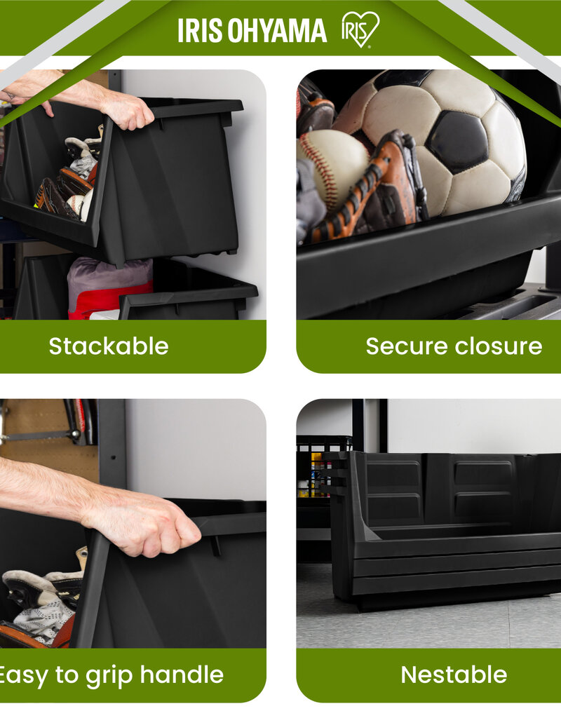 IRIS Set van 3 stapelbare plastic opbergbakken met open voorkant voor garage, tuin, SBIN-L, zwart