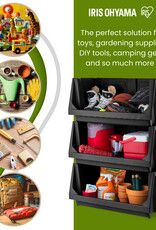 IRIS Set van 3 stapelbare plastic opbergbakken met open voorkant voor garage, tuin, SBIN-L, zwart