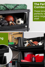 IRIS Set van 3 stapelbare plastic opbergbakken met open voorkant voor garage, tuin, SBIN-L, zwart