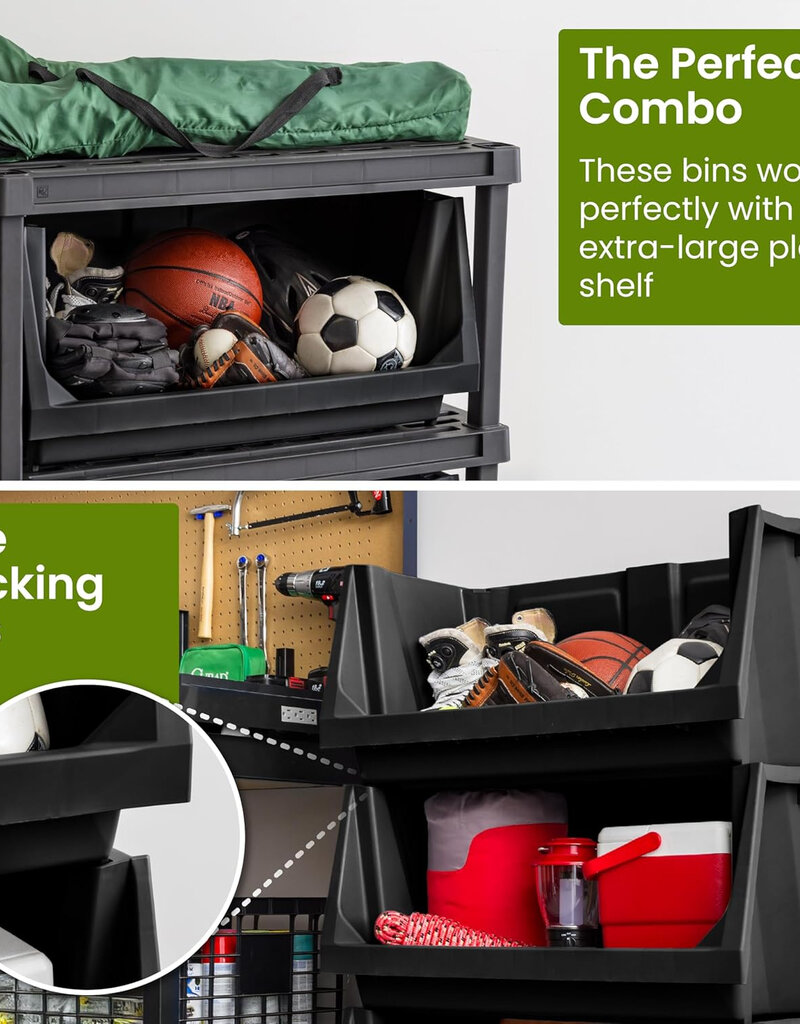 IRIS Set van 3 stapelbare plastic opbergbakken met open voorkant voor garage, tuin, SBIN-L, zwart