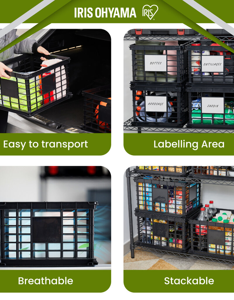 IRIS plastic opbergkrat, zwart, stapelbaar, voor vinyl, kantoorbenodigdheden en boeken, SC-LL