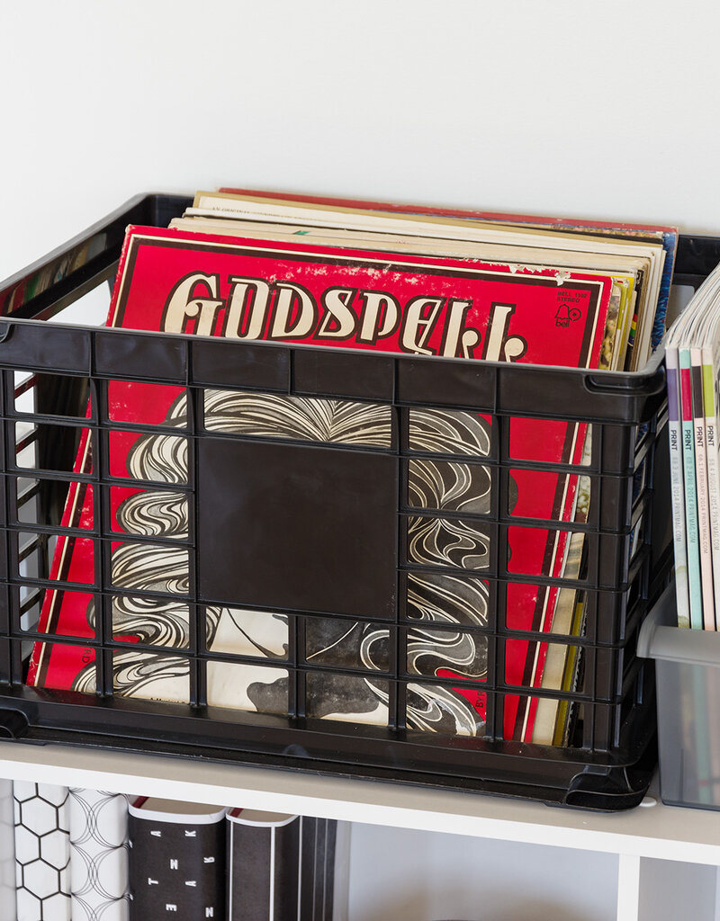 IRIS plastic opbergkrat, zwart, stapelbaar, voor vinyl, kantoorbenodigdheden en boeken, SC-LL