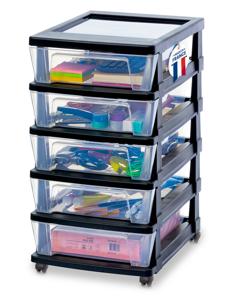 IRIS Iris Ohyama, Rollcontainer Kunststoff auf Rollen, 5 Kompakte Schubladen, Schwarz, KMC-350