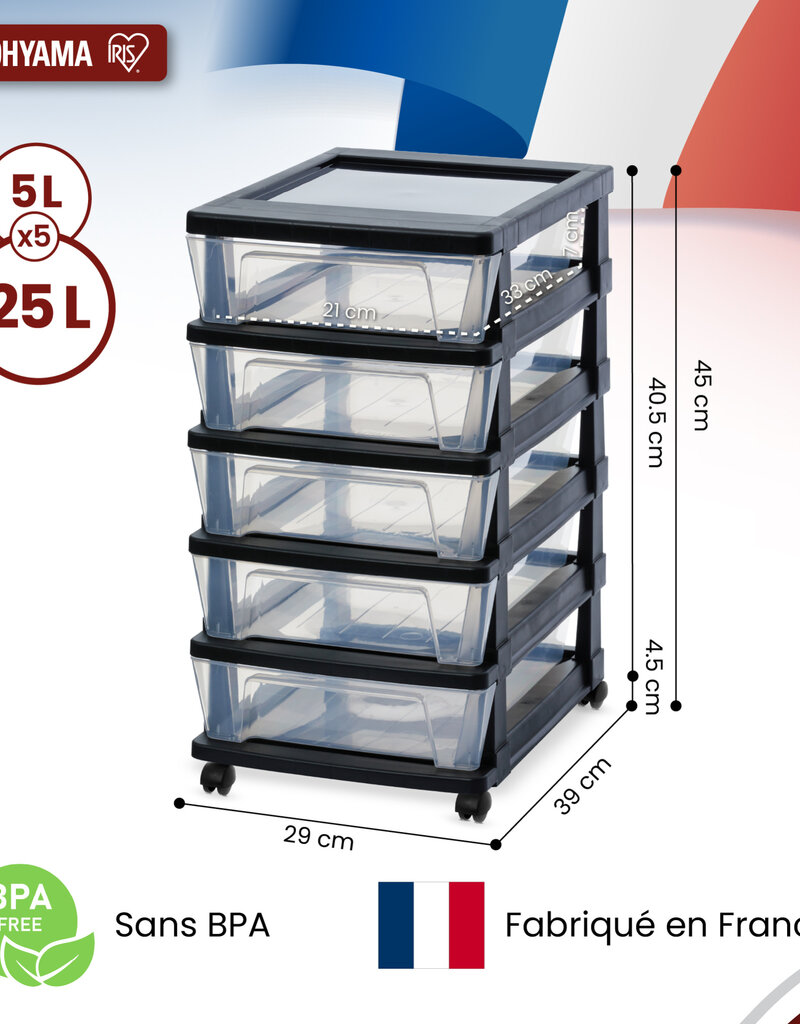 IRIS Iris Ohyama, Rollcontainer Kunststoff auf Rollen, 5 Kompakte Schubladen, Schwarz, KMC-350