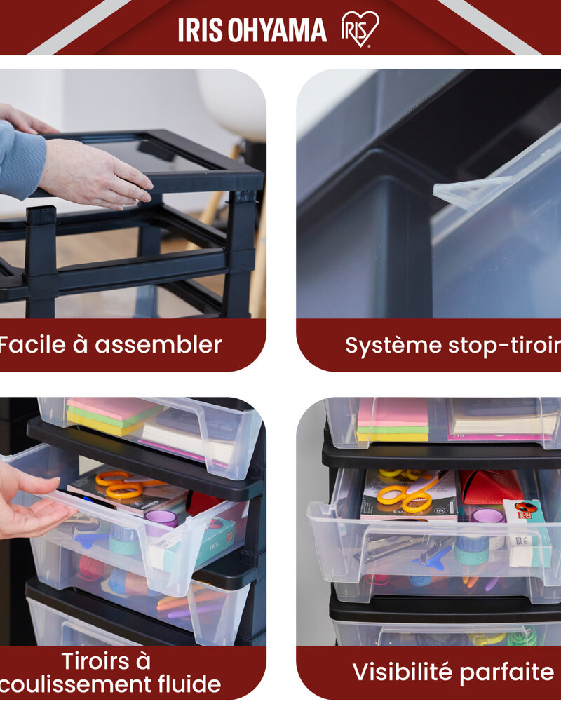 IRIS Iris Ohyama, Rollcontainer Kunststoff auf Rollen, 5 Kompakte Schubladen, Schwarz, KMC-350