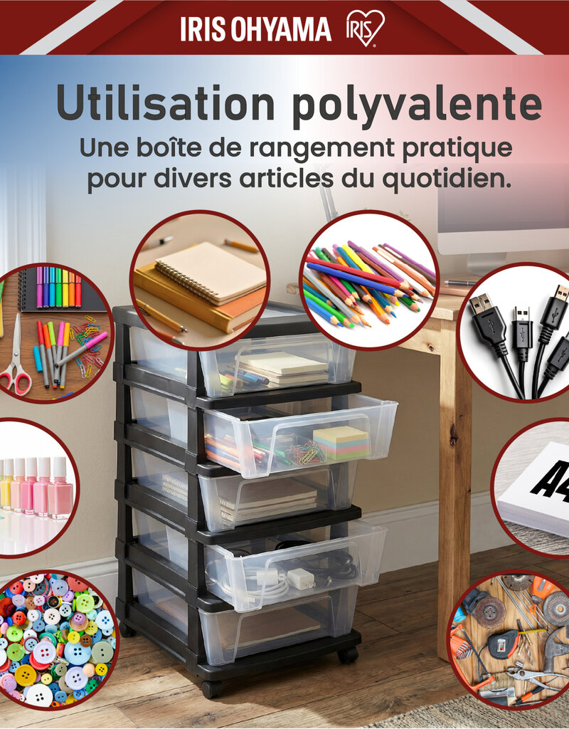 IRIS Iris Ohyama, Rollcontainer Kunststoff auf Rollen, 5 Kompakte Schubladen, Schwarz, KMC-350
