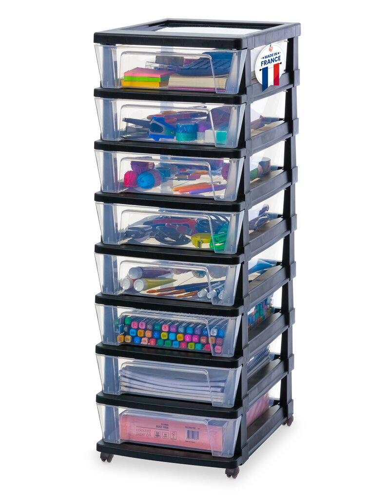 IRIS Iris Ohyama, Rollcontainer Kunststoff auf Rollen, 8 Kompakte Schubladen, Schwarz, KMC-380