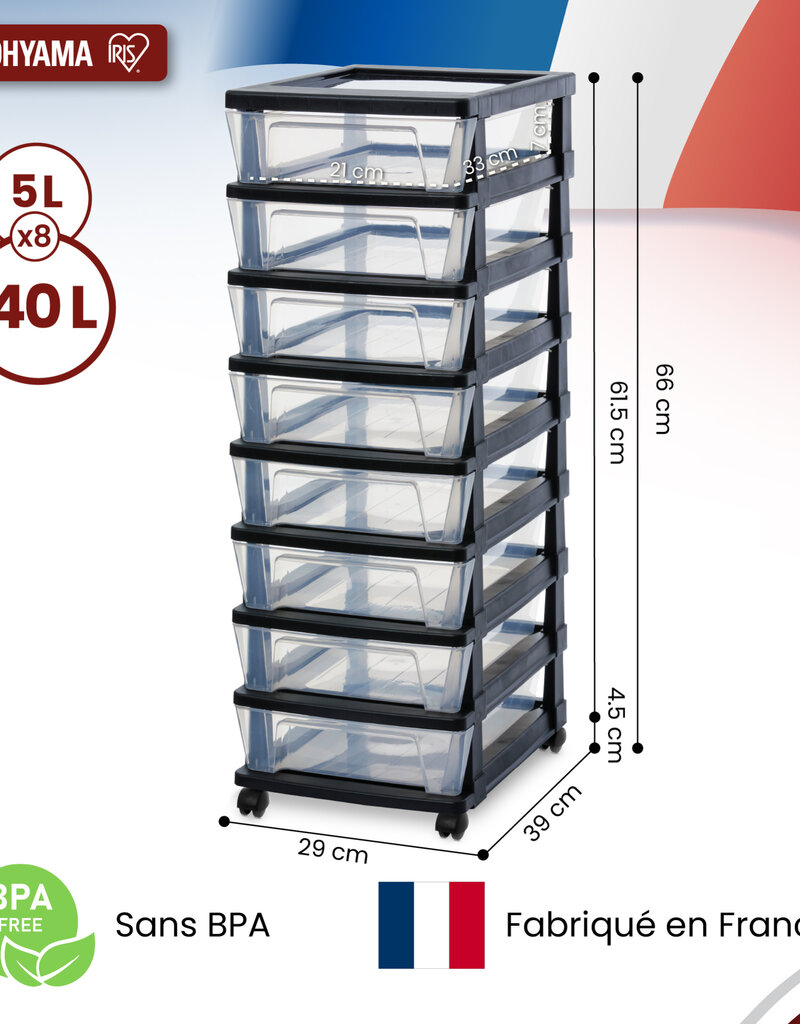 IRIS Iris Ohyama, Rollcontainer Kunststoff auf Rollen, 8 Kompakte Schubladen, Schwarz, KMC-380