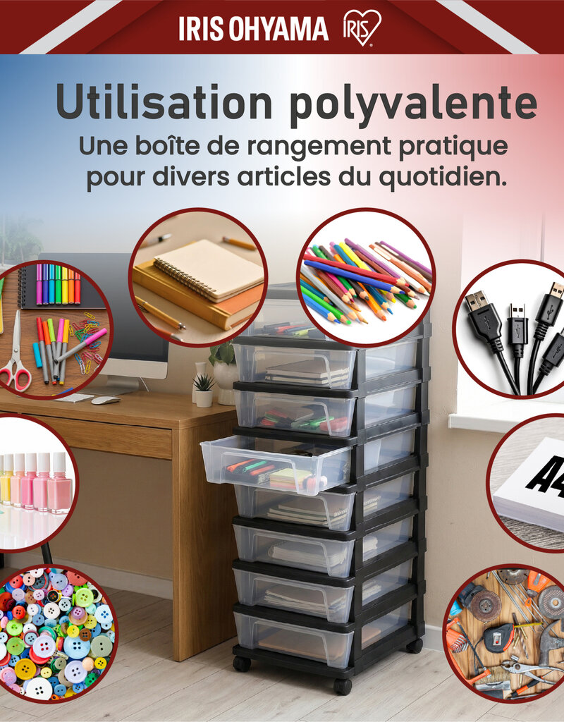IRIS Iris Ohyama, Rollcontainer Kunststoff auf Rollen, 8 Kompakte Schubladen, Schwarz, KMC-380