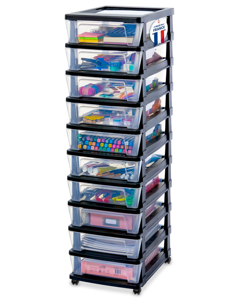 IRIS Iris Ohyama, Rollcontainer Kunststoff auf Rollen, 10 Kompakte Schubladen, Schwarz, KMC-010