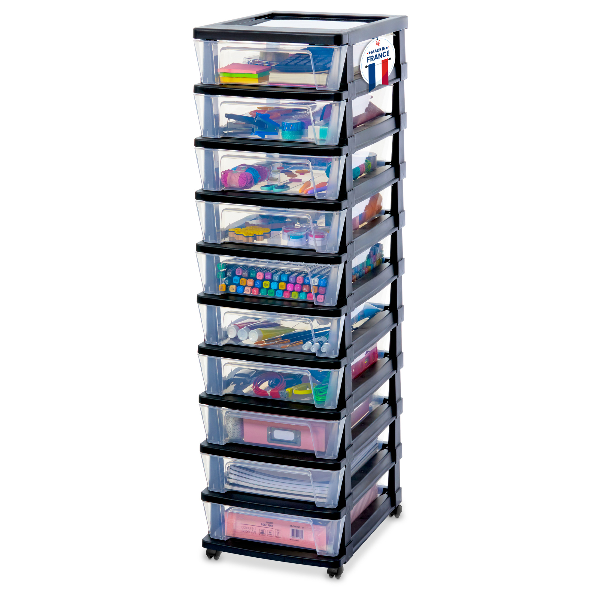 IRIS Iris Ohyama, Rollcontainer Kunststoff auf Rollen, 10 Kompakte Schubladen, Schwarz, KMC-010