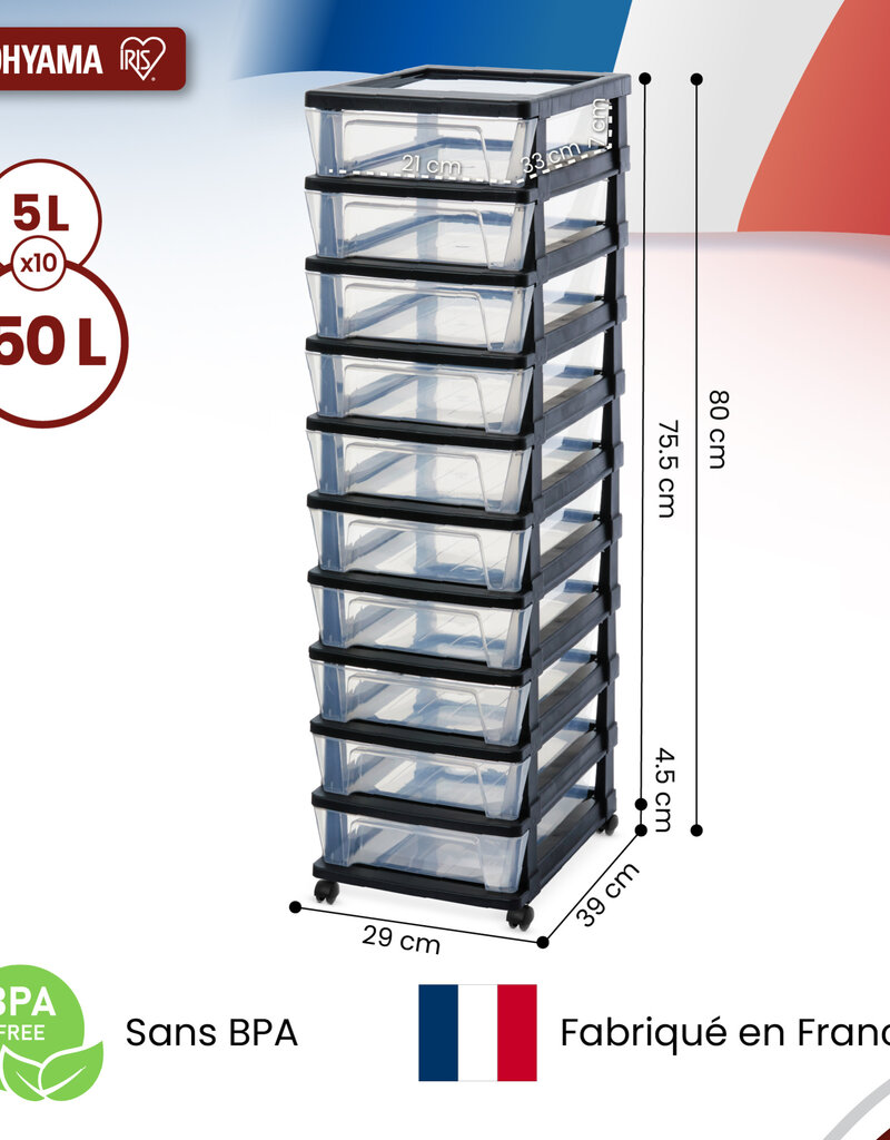IRIS Iris Ohyama, Rollcontainer Kunststoff auf Rollen, 10 Kompakte Schubladen, Schwarz, KMC-010