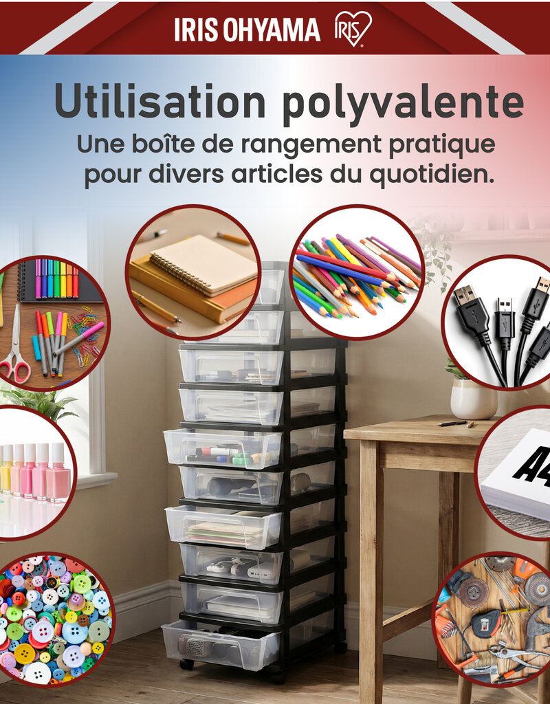 IRIS Iris Ohyama, Rollcontainer Kunststoff auf Rollen, 10 Kompakte Schubladen, Schwarz, KMC-010