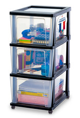 IRIS Iris Ohyama, Rollcontainer Kunststoff auf Rollen, 3 Grosse Schubladen, Schwarz, KMC-303
