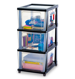 IRIS Iris Ohyama, Rollcontainer Kunststoff auf Rollen, 3 Grosse Schubladen, Schwarz, KMC-303