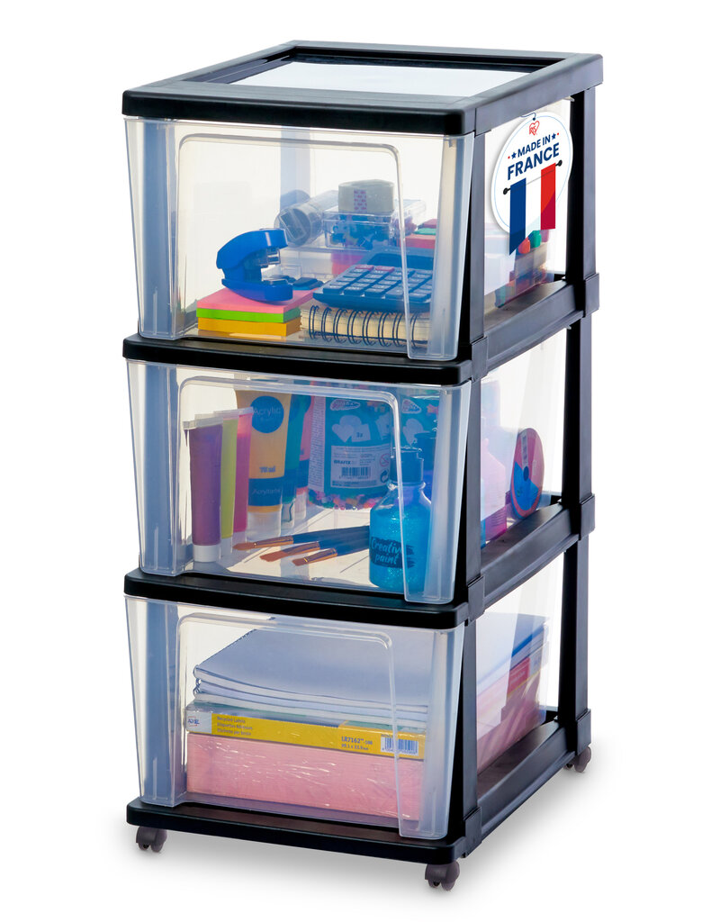 IRIS Iris Ohyama, Rollcontainer Kunststoff auf Rollen, 3 Grosse Schubladen, Schwarz, KMC-303