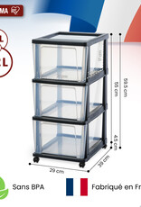 IRIS Iris Ohyama, Rollcontainer Kunststoff auf Rollen, 3 Grosse Schubladen, Schwarz, KMC-303
