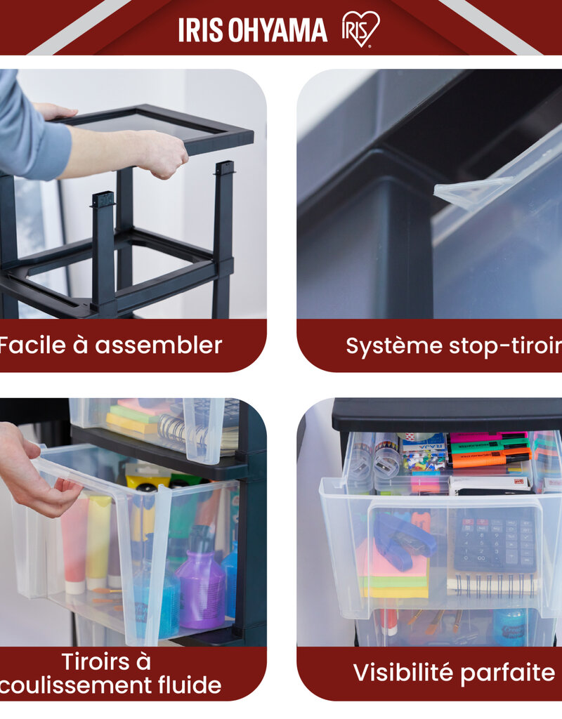 IRIS Iris Ohyama, Rollcontainer Kunststoff auf Rollen, 3 Grosse Schubladen, Schwarz, KMC-303